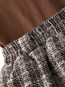 Girls Elegant Fashion Party Commute Round Neck Deep Khaki Long Sleeve Solid Color T-Shirt With Coffee Tweed Coffee Color Skirt And Belt Autumn/Wint... - Multicolor - View 5