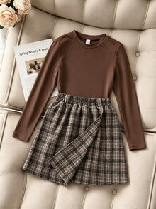 Girls Elegant Fashion Party Commute Round Neck Deep Khaki Long Sleeve Solid Color T-Shirt With Coffee Tweed Coffee Color Skirt And Belt Autumn/Wint... - Multicolor - View 8