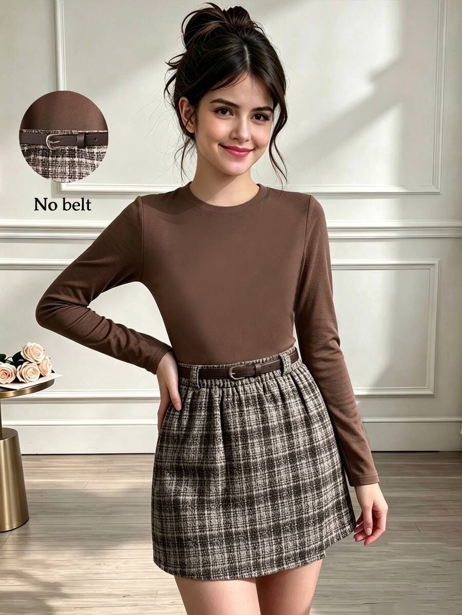 Girls Elegant Fashion Party Commute Round Neck Deep Khaki Long Sleeve Solid Color T-Shirt With Coffee Tweed Coffee Color Skirt And Belt Autumn/Wint...
