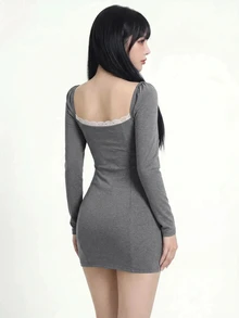 SHEIN ICON Gaun Mini Lengan Panjang Seksi dengan Hiasan Renda - Grey - View 2