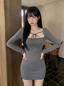 SHEIN ICON Gaun Mini Lengan Panjang Seksi dengan Hiasan Renda - Grey - View 10
