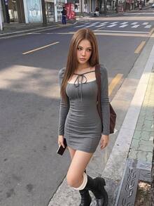SHEIN ICON Gaun Mini Lengan Panjang Seksi dengan Hiasan Renda - Grey - View 11