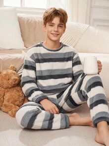 青少年男孩睡衣，秋冬款圓領長袖灰色螢光遊戲機圖案刷毛長褲與長袖上衣2件套 - 黑色 - 查看 10