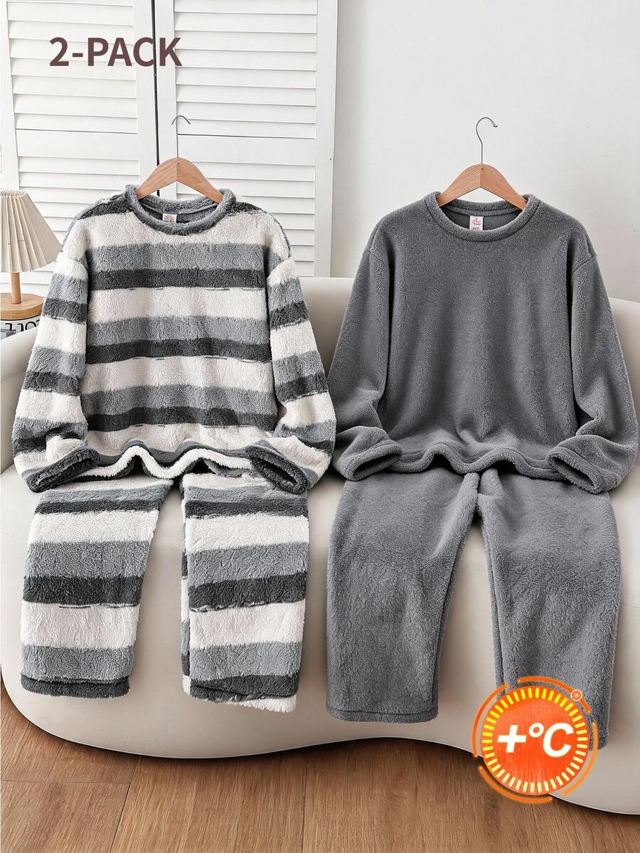 Teen Boys Pajamas, Autumn/Winter Crew Neck Long Sleeve Grey Glow-In-The-Dark Game Console Fleece Pants & Long Sleeve 2 Pieces Set,Autumn/Winter - Black - View 1