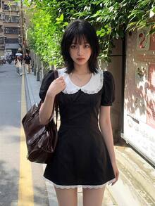 SHEIN ICON 休閒彼得潘領花瓣袖上衣與裙子兩件套 - 黑色 - 查看 7