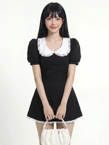 SHEIN ICON 休閒彼得潘領花瓣袖上衣與裙子兩件套 - 黑色 - 查看 3