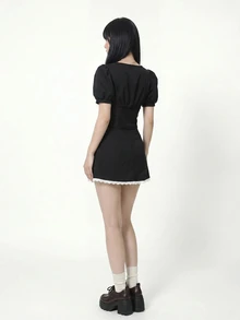 SHEIN ICON 休閒彼得潘領花瓣袖上衣與裙子兩件套 - 黑色 - 查看 2