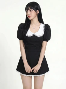 SHEIN ICON 休閒彼得潘領花瓣袖上衣與裙子兩件套 - 黑色 - 查看 6