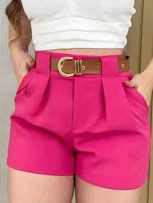 Zolique Women's Solid Color Pleated Wide Leg Loose Casual Shorts - Hot Pink - View 1