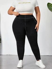 SHEIN CURVE+ 大尺碼女款高腰緊身休閒百搭牛仔褲 - 黑色 - 查看 5