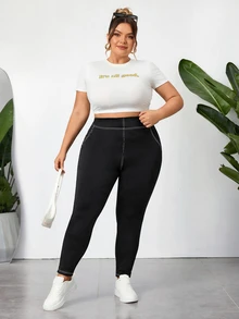 SHEIN CURVE+ 大尺碼女款高腰緊身休閒百搭牛仔褲 - 黑色 - 查看 2