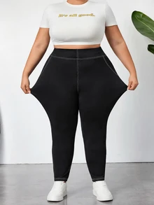 SHEIN CURVE+ 大尺碼女款高腰緊身休閒百搭牛仔褲 - 黑色 - 查看 9