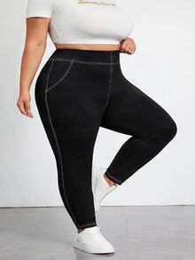 SHEIN CURVE+ 大尺碼女款高腰緊身休閒百搭牛仔褲 - 黑色 - 查看 8