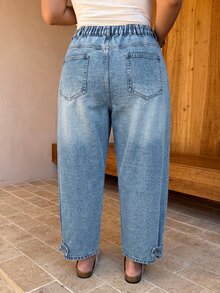 SHEIN CURVE+ Plus Size Fashion Versatile Casual Baggy Plus Size Button Pocket Denim Jeans Party Vacation Going Out Light Blue - Blue - View 5