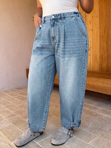SHEIN CURVE+ Plus Size Fashion Versatile Casual Baggy Plus Size Button Pocket Denim Jeans Party Vacation Going Out Light Blue - Blue - View 6