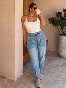 SHEIN CURVE+ Plus Size Fashion Versatile Casual Baggy Plus Size Button Pocket Denim Jeans Party Vacation Going Out Light Blue - Blue - View 2