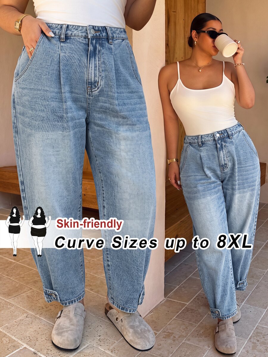 SHEIN CURVE+ Plus Size Fashion Versatile Casual Baggy Plus Size Button Pocket Denim Jeans Party Vacation Going Out Light Blue - Blue - View 1