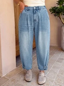 SHEIN CURVE+ Plus Size Fashion Versatile Casual Baggy Plus Size Button Pocket Denim Jeans Party Vacation Going Out Light Blue - Blue - View 4