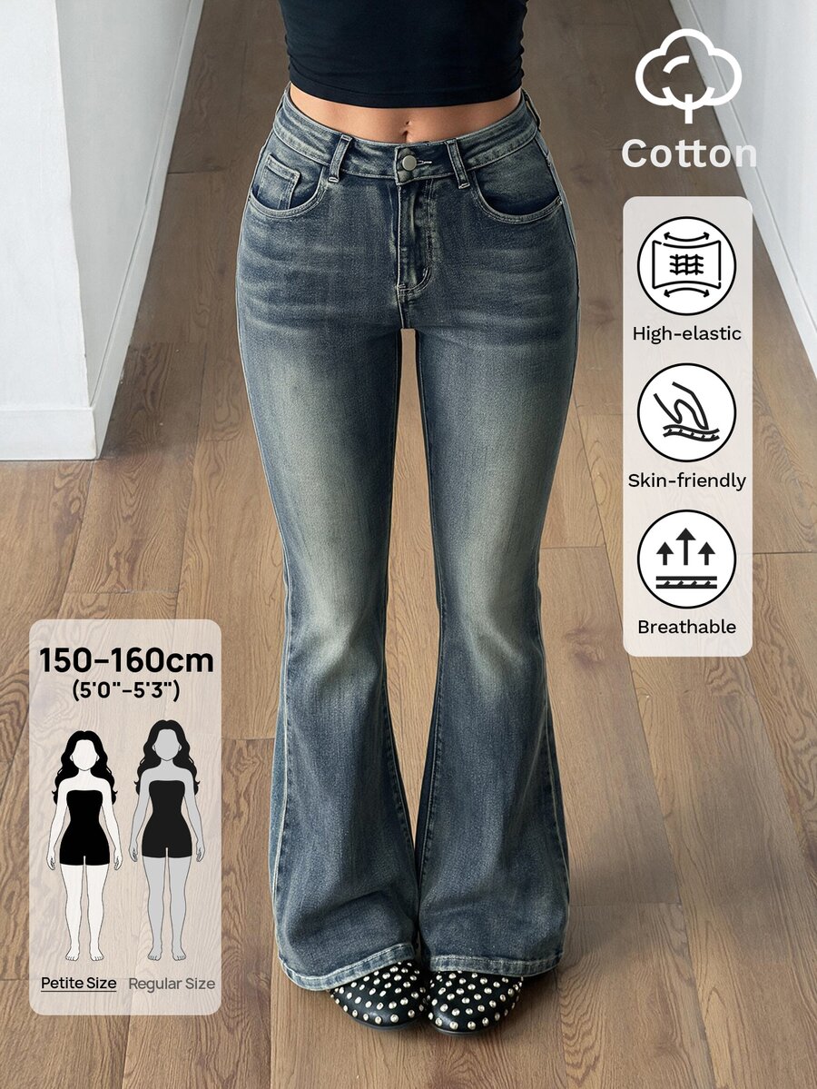SHEIN PETITE Women's Button Half-Placket Double Pocket Slim Fit Flattering Fashion Flare Jeans Festival Back To School New Year Blue - Blue - View 1