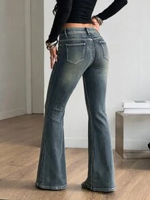SHEIN PETITE Women's Button Half-Placket Double Pocket Slim Fit Flattering Fashion Flare Jeans Festival Back To School New Year Blue - Blue - View 2
