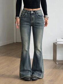 SHEIN PETITE Women's Button Half-Placket Double Pocket Slim Fit Flattering Fashion Flare Jeans Festival Back To School New Year Blue - Blue - View 5