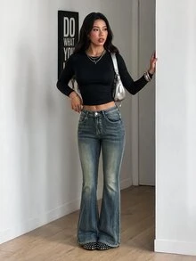 SHEIN PETITE Women's Button Half-Placket Double Pocket Slim Fit Flattering Fashion Flare Jeans Festival Back To School New Year Blue - Blue - View 6