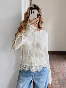 Serisse Women's Off White Contrast Lace Ruffle Sleeve Waist Tie Single-Breasted Button-Up Cardigan Party Everyday Fall French Elegant - Apricot - View 4