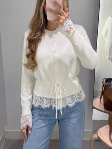 Serisse Women's Off White Contrast Lace Ruffle Sleeve Waist Tie Single-Breasted Button-Up Cardigan Party Everyday Fall French Elegant - Apricot - View 5