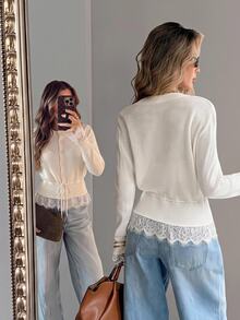 Serisse Women's Off White Contrast Lace Ruffle Sleeve Waist Tie Single-Breasted Button-Up Cardigan Party Everyday Fall French Elegant - Apricot - View 12