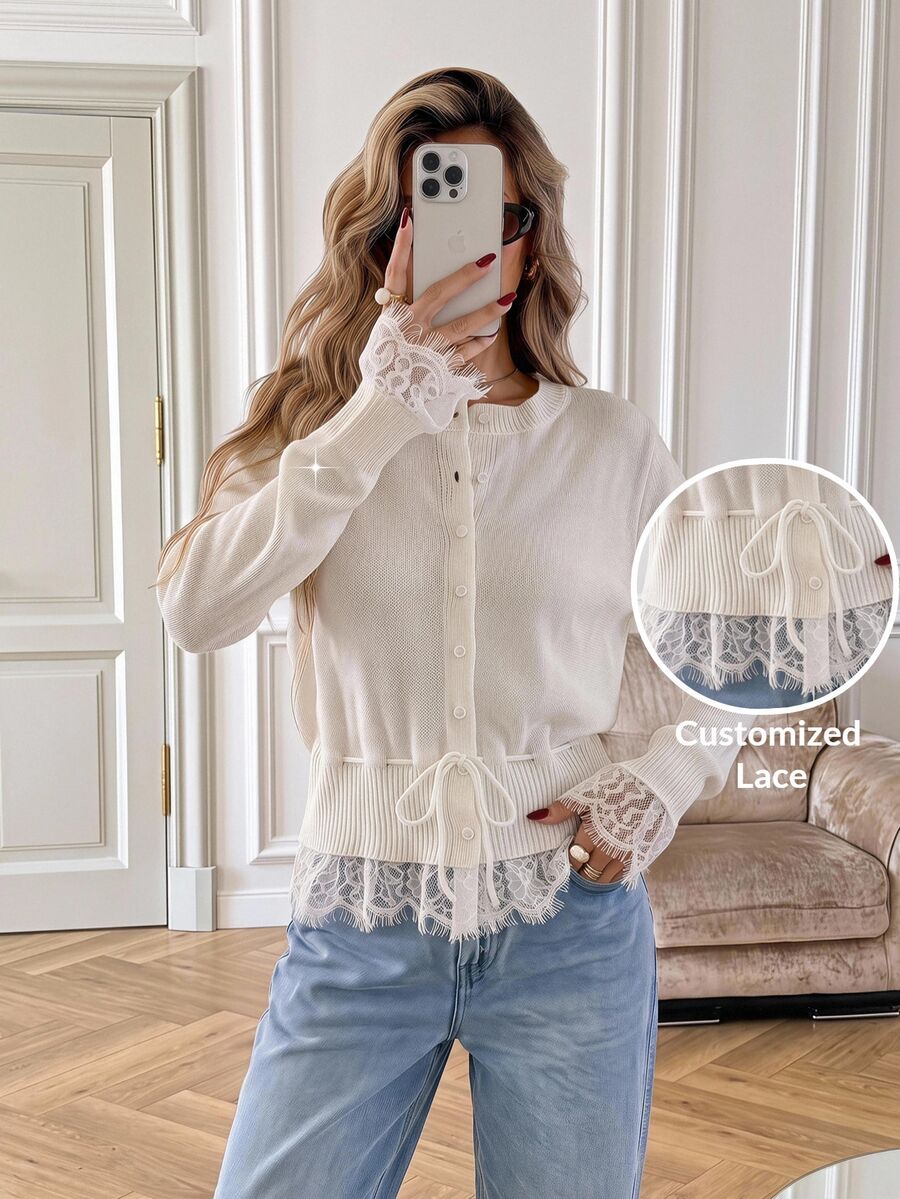 Serisse Women's Off White Contrast Lace Ruffle Sleeve Waist Tie Single-Breasted Button-Up Cardigan Party Everyday Fall French Elegant - Apricot - View 1