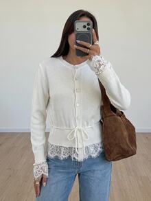 Serisse Women's Off White Contrast Lace Ruffle Sleeve Waist Tie Single-Breasted Button-Up Cardigan Party Everyday Fall French Elegant - Apricot - View 9