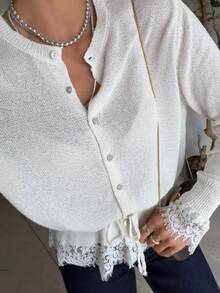 Serisse Women's Off White Contrast Lace Ruffle Sleeve Waist Tie Single-Breasted Button-Up Cardigan Party Everyday Fall French Elegant - Apricot - View 8