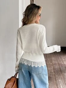 Serisse Women's Off White Contrast Lace Ruffle Sleeve Waist Tie Single-Breasted Button-Up Cardigan Party Everyday Fall French Elegant - Apricot - View 2