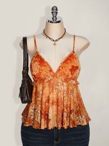SHEIN ICON 加大码女式植物印花荷叶边下摆吊带背心，适合度假、狂欢上衣 - 橘色 - 查看 3