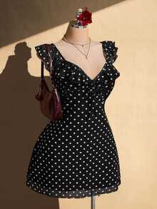 SHEIN ICON Women's Plus Size Retro Sexy Millennial Style Y2K Simple Casual Fashion Commuting Black And White Polka Dot Pattern Sweetheart Neck Ruffled Mesh Dress - Black and White - View 4