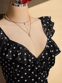 SHEIN ICON Women's Plus Size Retro Sexy Millennial Style Y2K Simple Casual Fashion Commuting Black And White Polka Dot Pattern Sweetheart Neck Ruffled Mesh Dress - Black and White - View 7
