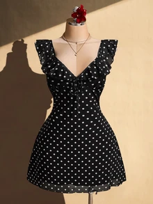 SHEIN ICON Women's Plus Size Retro Sexy Millennial Style Y2K Simple Casual Fashion Commuting Black And White Polka Dot Pattern Sweetheart Neck Ruffled Mesh Dress - Black and White - View 3