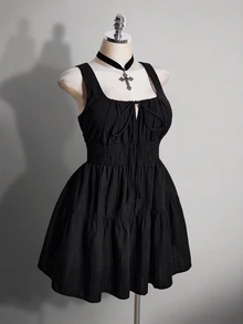 SHEIN ICON Women's Plus Size Retro Elegant Goth Sexy Y2K Simple Everyday Rave Rodeo Night Commute Square Neck Gathered Tie-Up Striped Black Dress Summer - Black - View 5