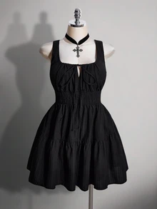 SHEIN ICON Women's Plus Size Retro Elegant Goth Sexy Y2K Simple Everyday Rave Rodeo Night Commute Square Neck Gathered Tie-Up Striped Black Dress Summer - Black - View 3