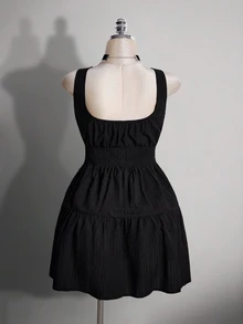 SHEIN ICON Women's Plus Size Retro Elegant Goth Sexy Y2K Simple Everyday Rave Rodeo Night Commute Square Neck Gathered Tie-Up Striped Black Dress Summer - Black - View 2