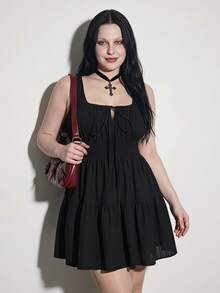 SHEIN ICON Women's Plus Size Retro Elegant Goth Sexy Y2K Simple Everyday Rave Rodeo Night Commute Square Neck Gathered Tie-Up Striped Black Dress Summer - Black - View 1