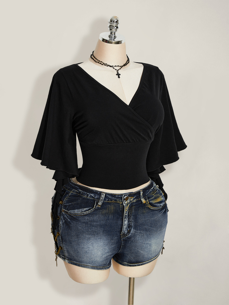 SHEIN ICON Women's Plus Size Black Summer Goth Sexy Night Out Date Night Rave Club T-Shirt, Retro Elegant V-Neck Ruffle Sleeve Slim Fit Y2K - Black - View 6