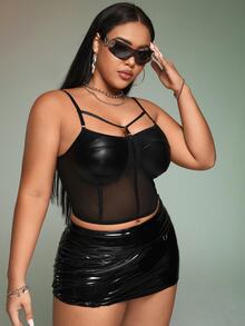 SHEIN ICON Plus Bikercore Mesh Insert Bustier Black Corset Cami Top, Summer - Black - View 3