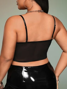SHEIN ICON Plus Bikercore Mesh Insert Bustier Black Corset Cami Top, Summer - Black - View 2