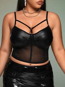 SHEIN ICON Plus Bikercore Mesh Insert Bustier Black Corset Cami Top, Summer - Black - View 4