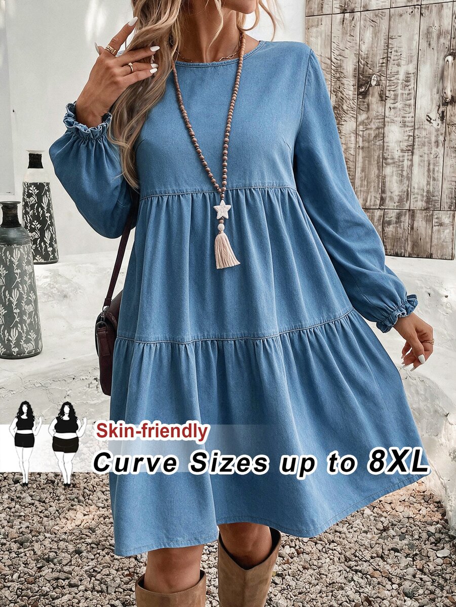 SHEIN CURVE+ Women's Plus Size Lantern Sleeve Ruffle Hem Loose Denim Dress