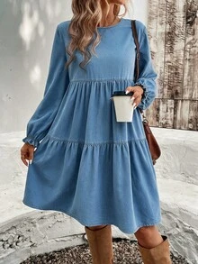 SHEIN CURVE+ Women's Plus Size Lantern Sleeve Ruffle Hem Loose Denim Dress - Blue - View 5