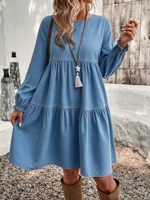 SHEIN CURVE+ Women's Plus Size Lantern Sleeve Ruffle Hem Loose Denim Dress - Blue - View 4