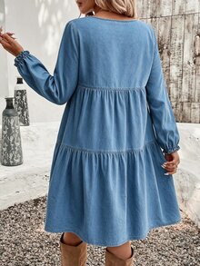 SHEIN CURVE+ Women's Plus Size Lantern Sleeve Ruffle Hem Loose Denim Dress - Blue - View 3