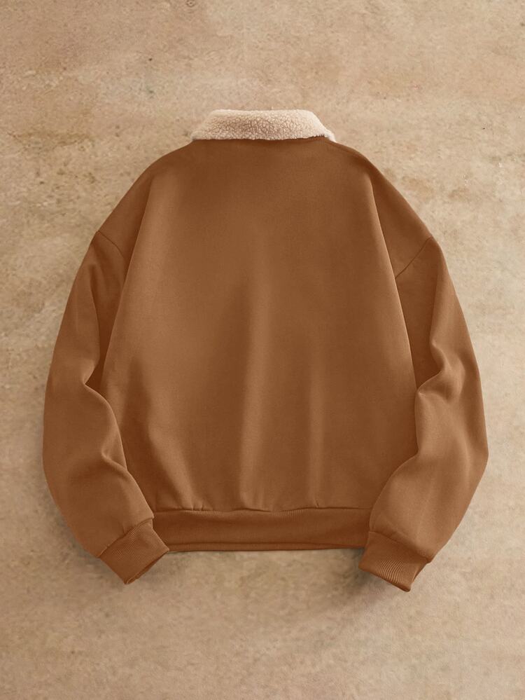GETOML Men's Patchwork Sherpa Collar Loose Fit Casual Preppy Sweatshirt Brown Stripe Autumn Streetwear Fleece Oversized Pullover Thanksgiving Winter - Camel - View 3